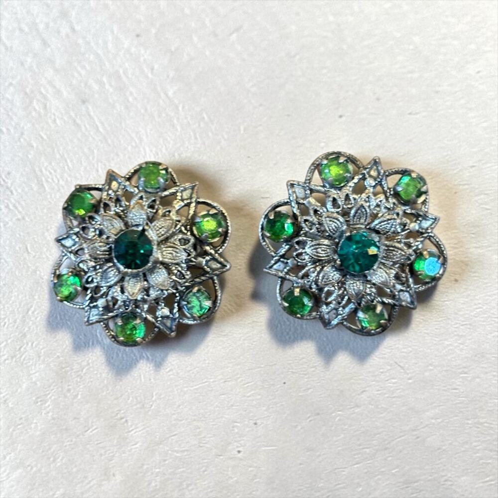 Vintage Czech Green Rhinestone Floral Screwback Earrings Art Deco Revival